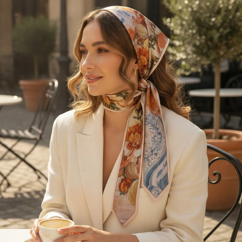 Femme portant un foulard noué sur les cheveux
