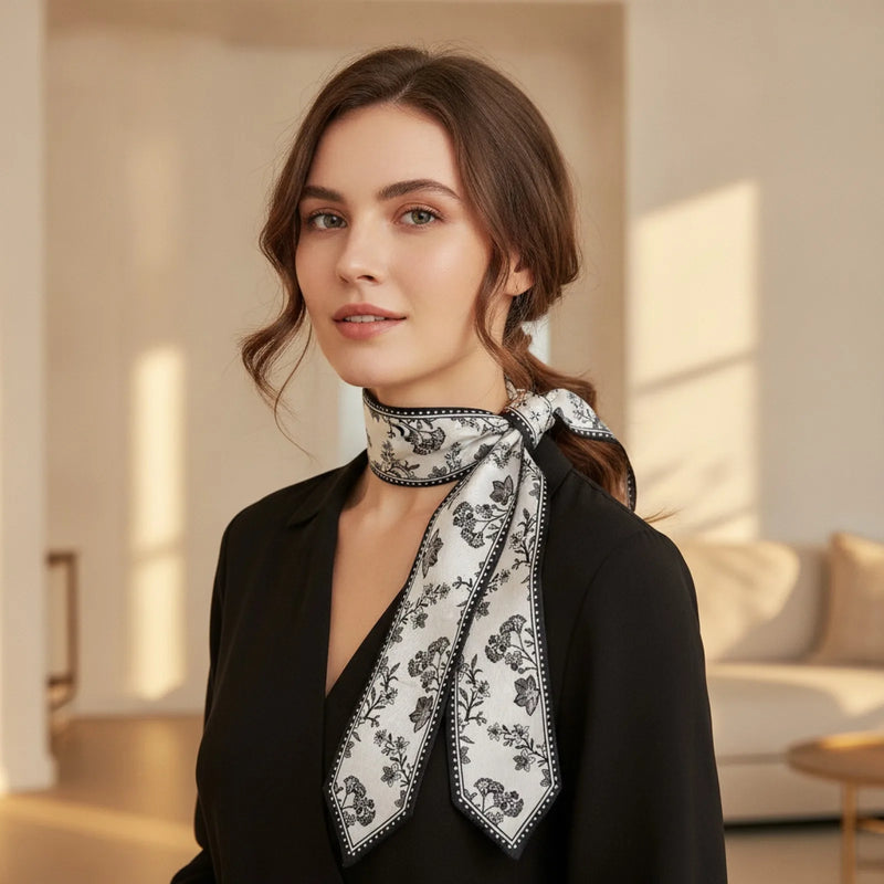Femme portant un foulard imprimé noué autour du cou