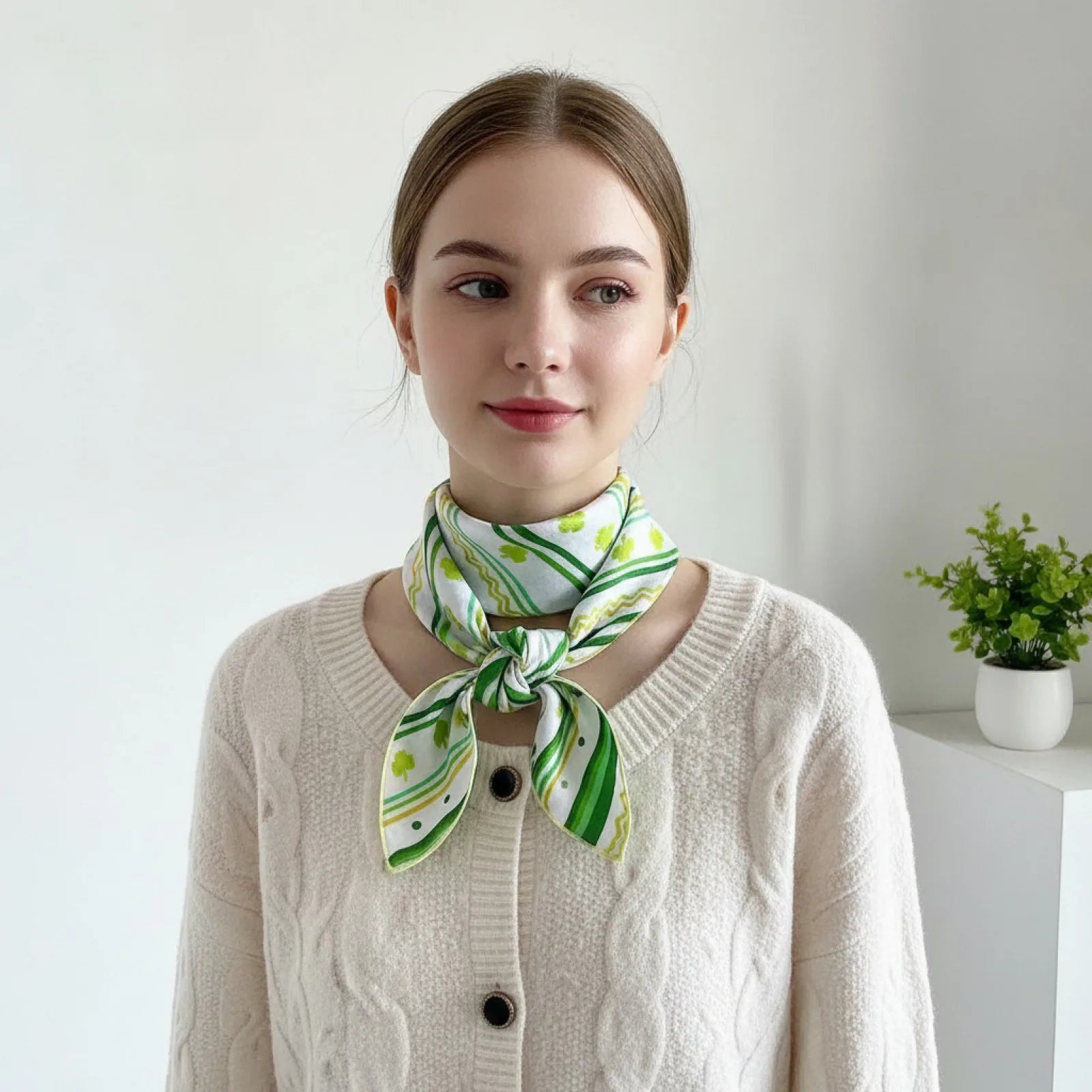 Foulard Carré Soie Imprimé Floral Vert Bohème