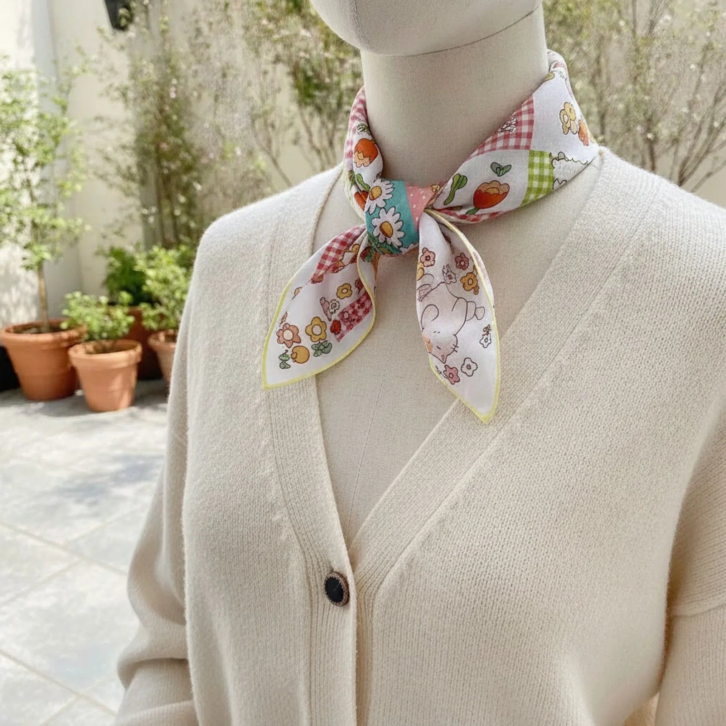 Foulard Carré Soie Bohème Floral Blanc
