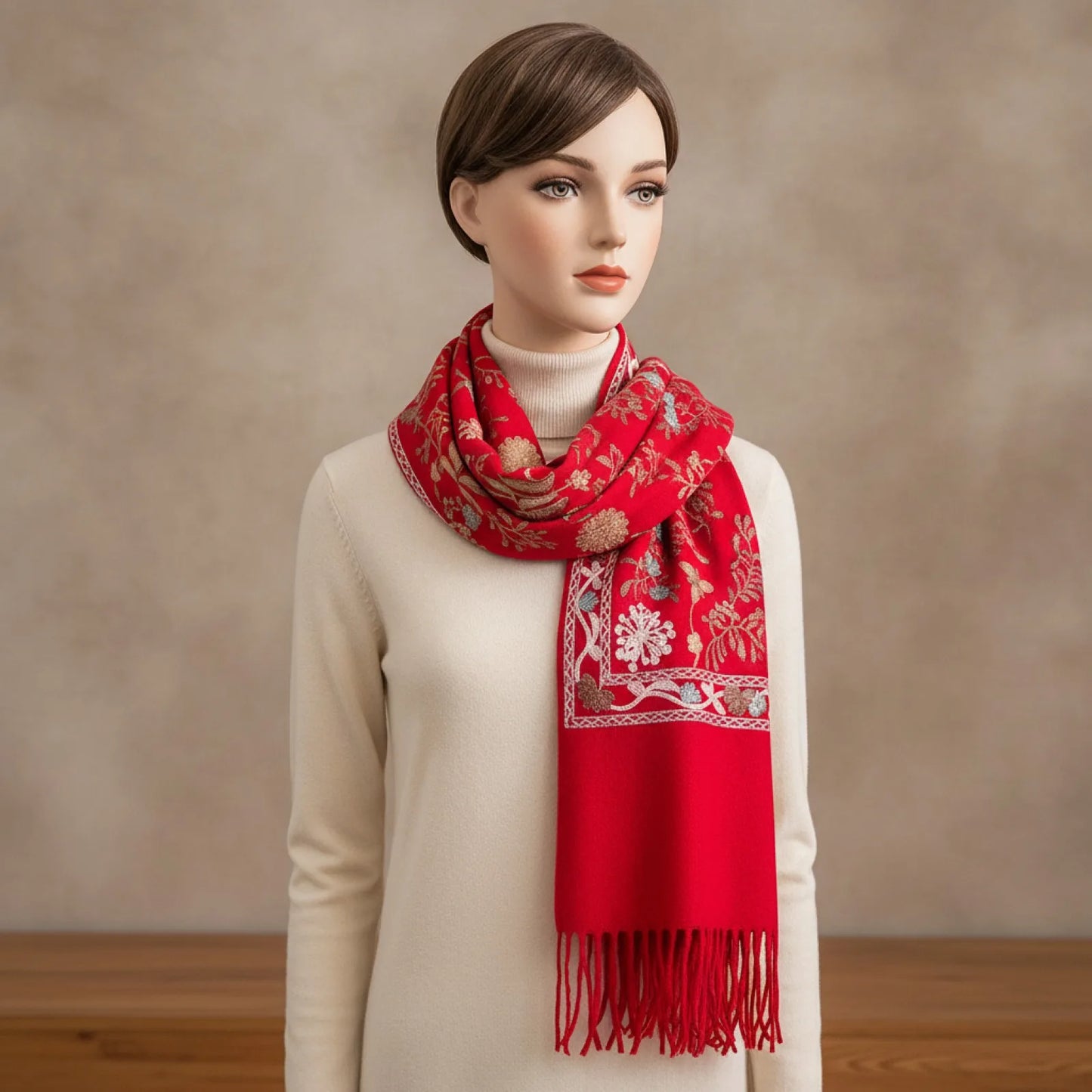 Foulard Cachemire Brodé Rouge