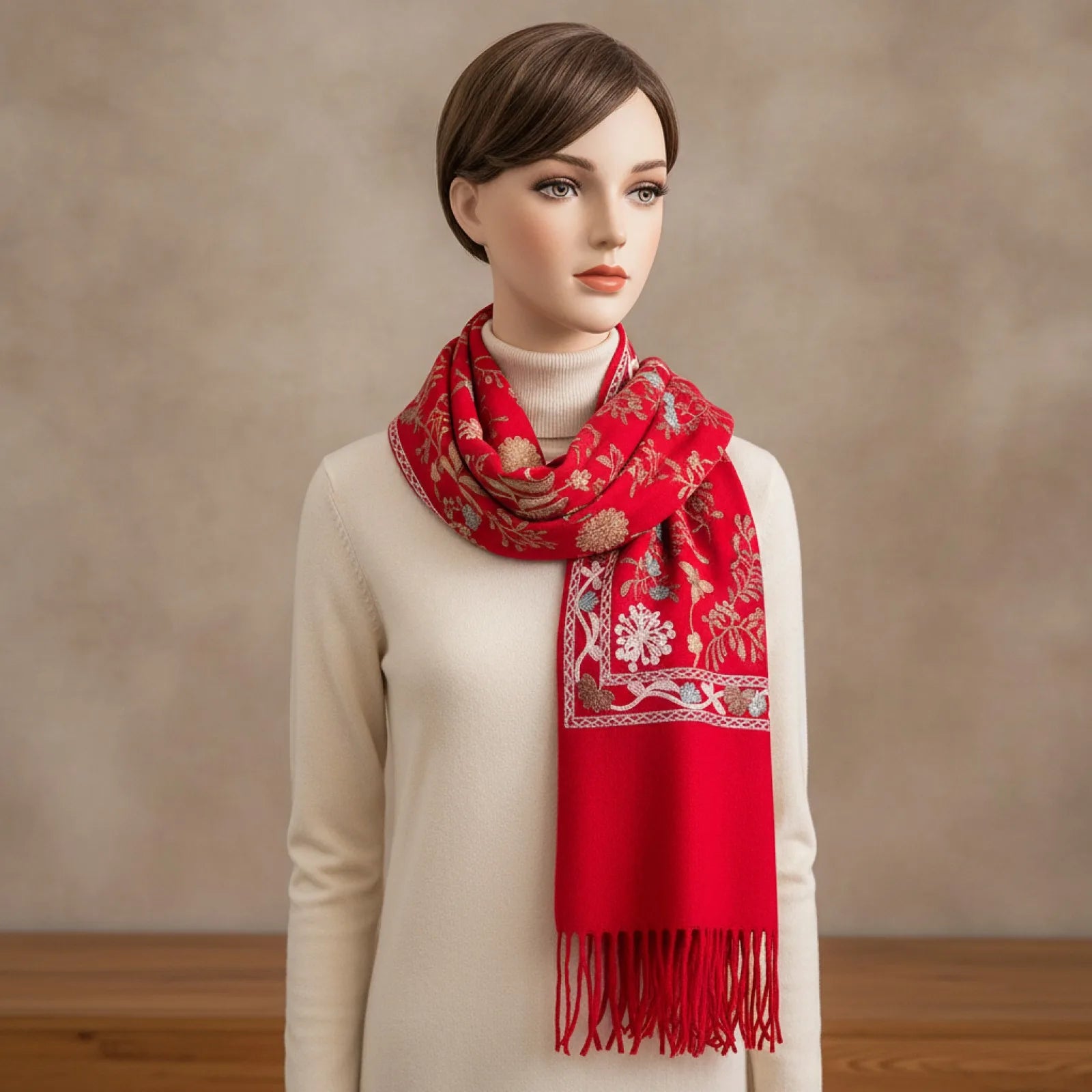 Foulard Cachemire Brodé Rouge
