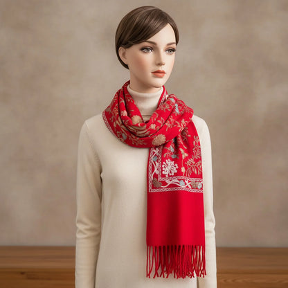 Foulard Cachemire Brodé Rouge