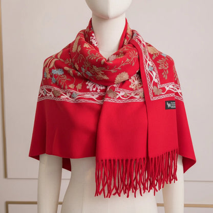 Foulard Cachemire Brodé Rouge