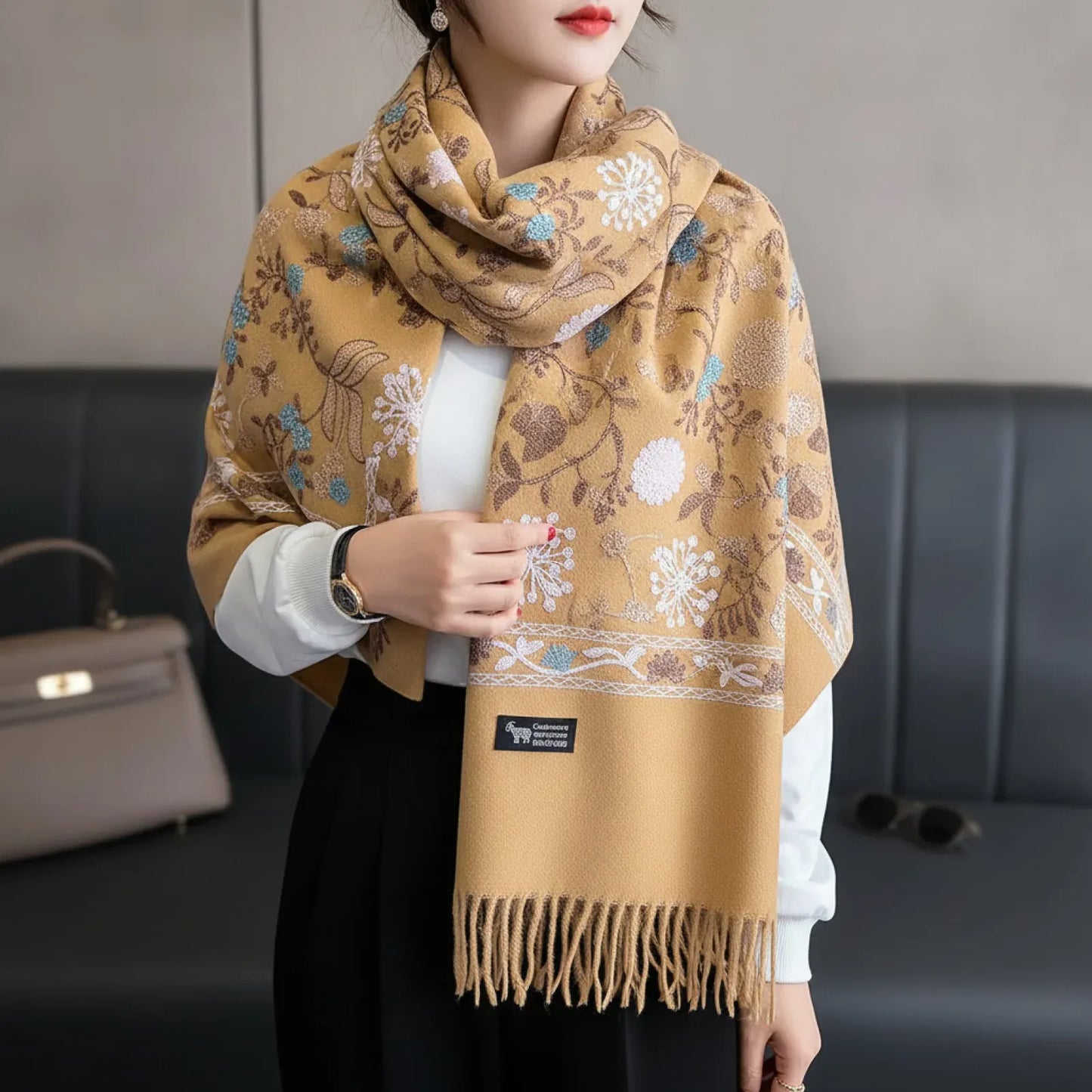 Foulard Cachemire Femme brun Brodé