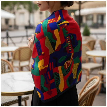 Foulard Carré Soie Imitation Motif Peinture Artistique