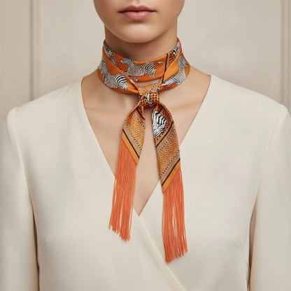 Foulard Soie Sergé Imprimé Noix de Cajou Orange 130x5cm