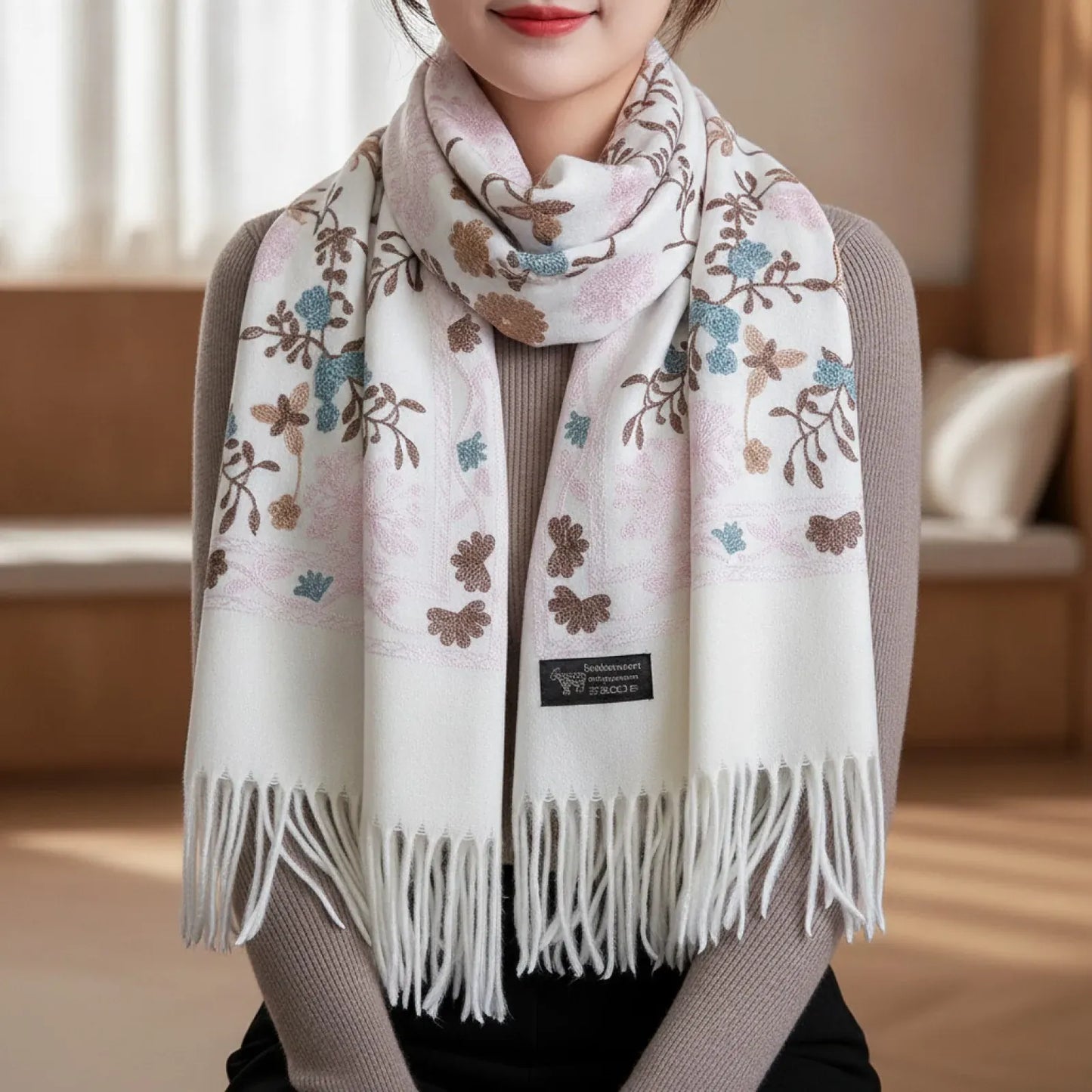 Foulard Cachemire Blanc Brodé Femme