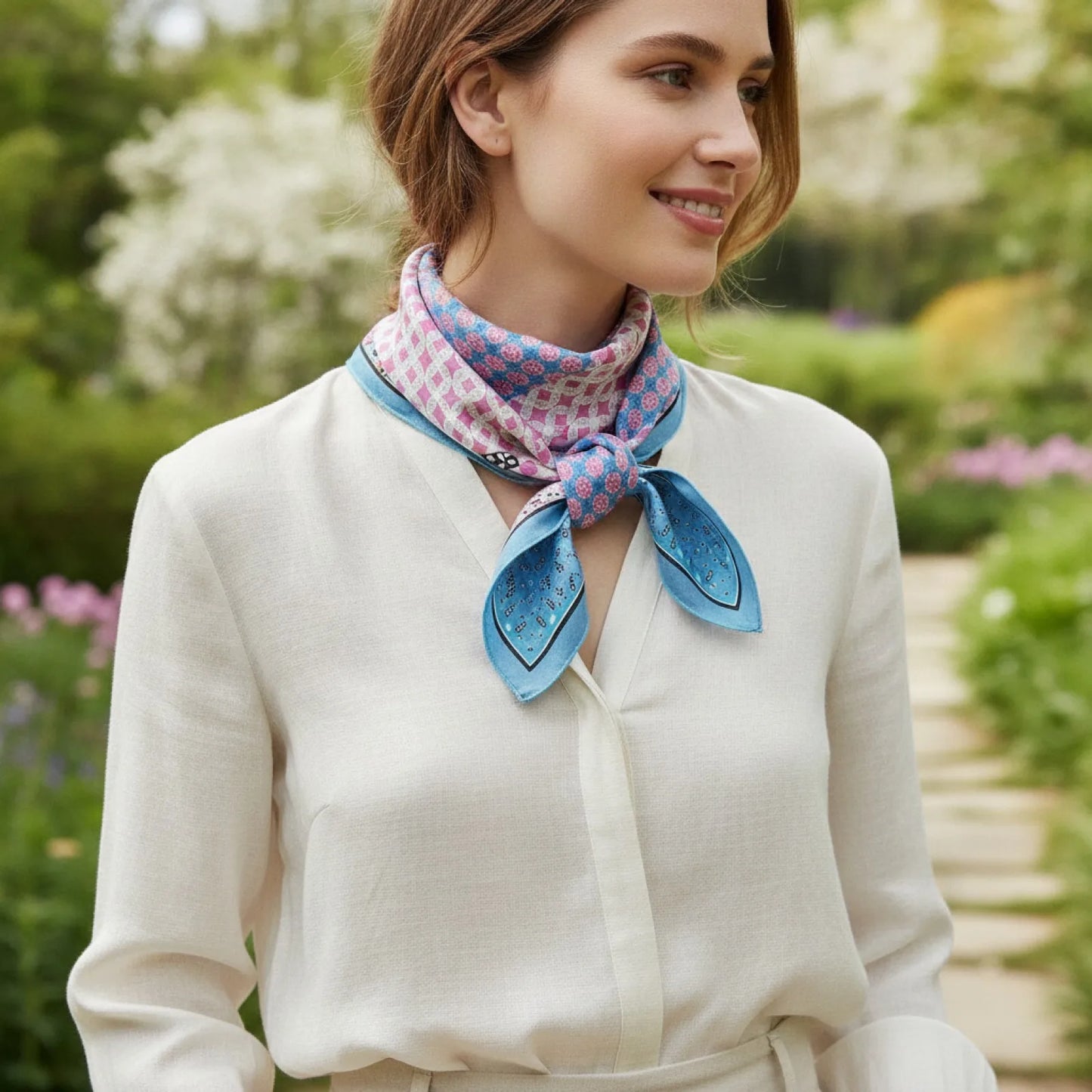 Foulard Carré Soie Bohème Imprimé Floral Rose