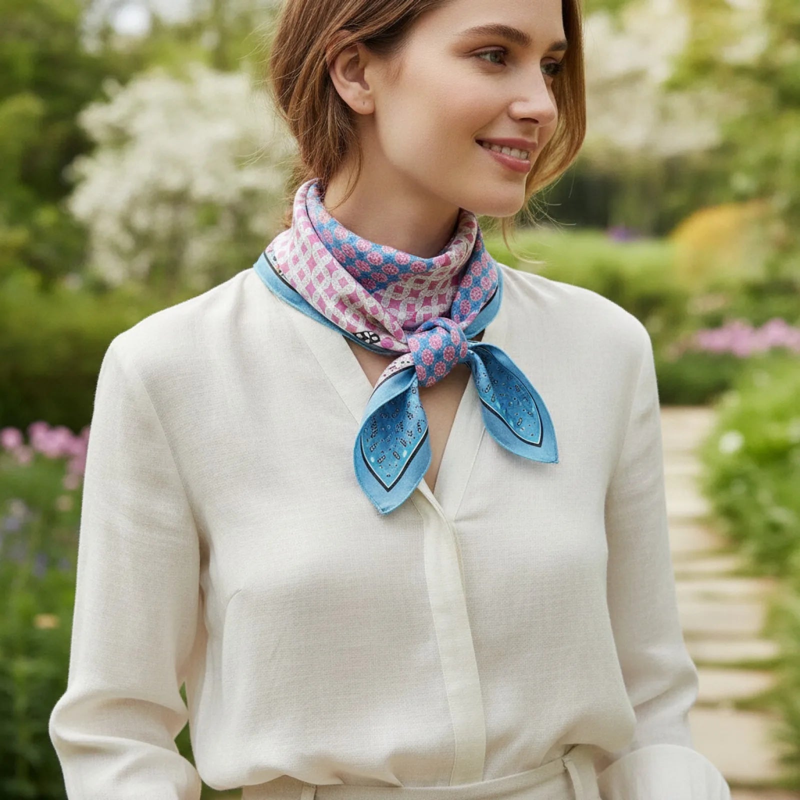 Foulard Carré Soie Bohème Imprimé Floral Rose