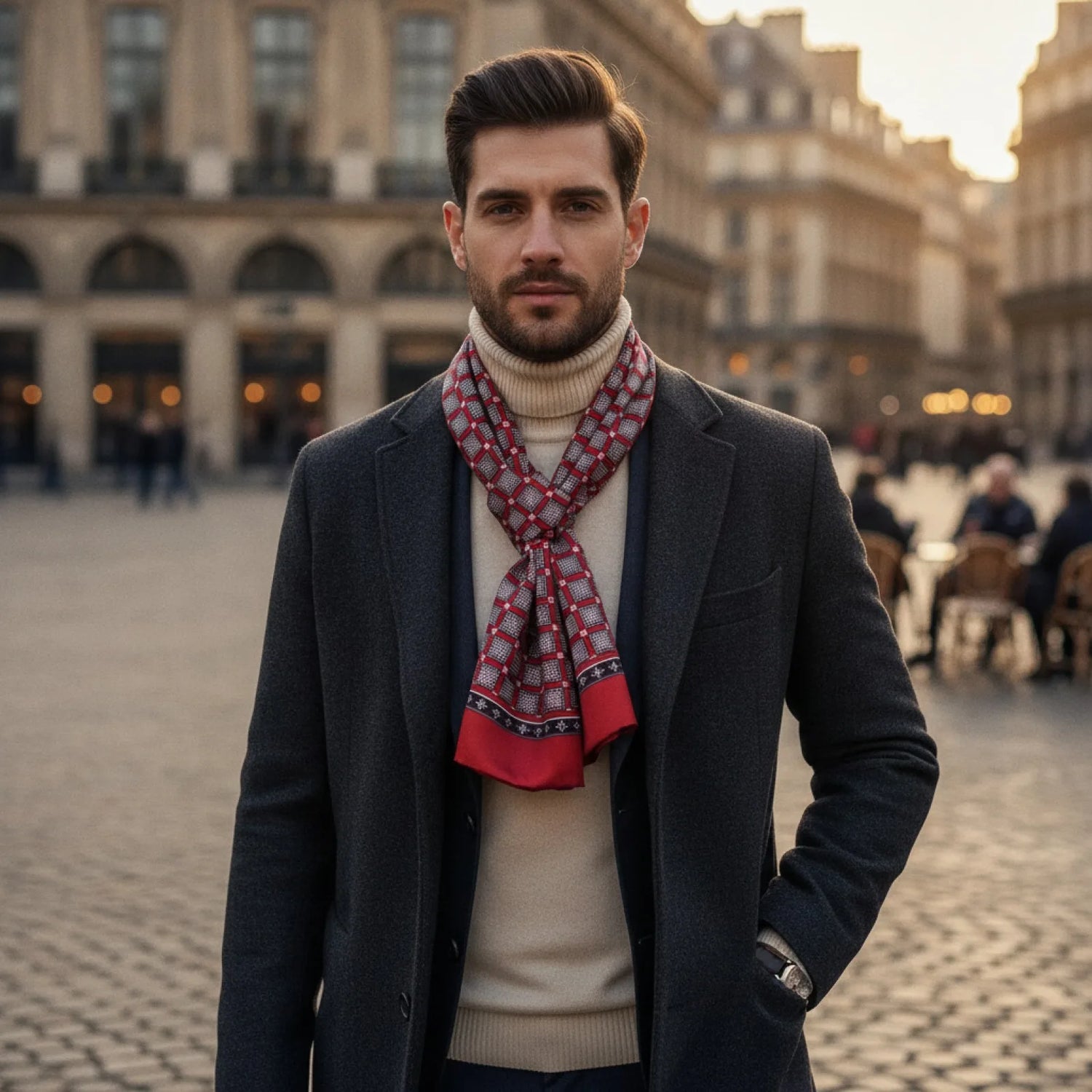 Foulard Homme Soie Bourgogne Motif Carré Britannique