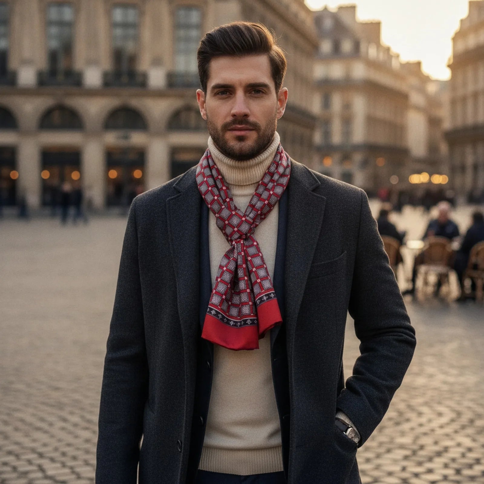 Foulard Homme Soie Bourgogne Motif Carré Britannique
