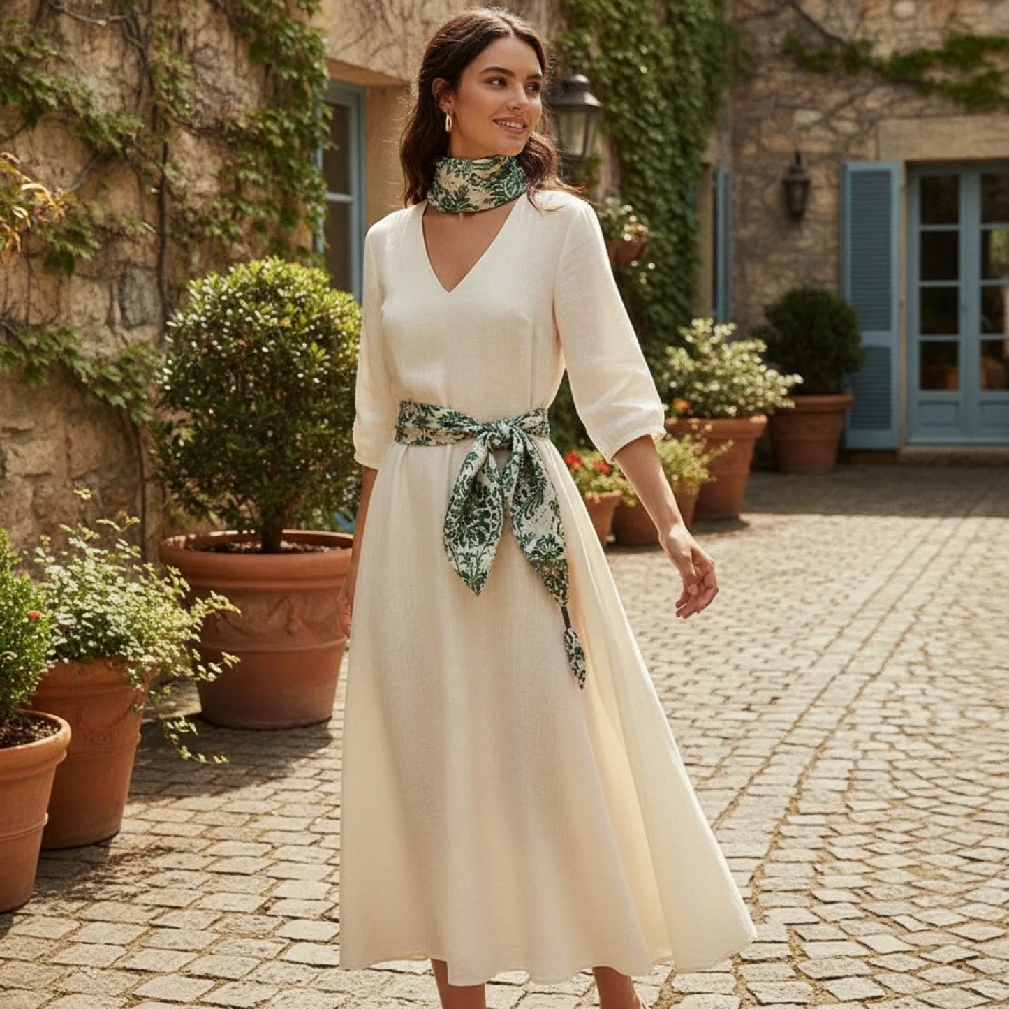 Foulard Carré Soie Ananas Floral Vert Rétro