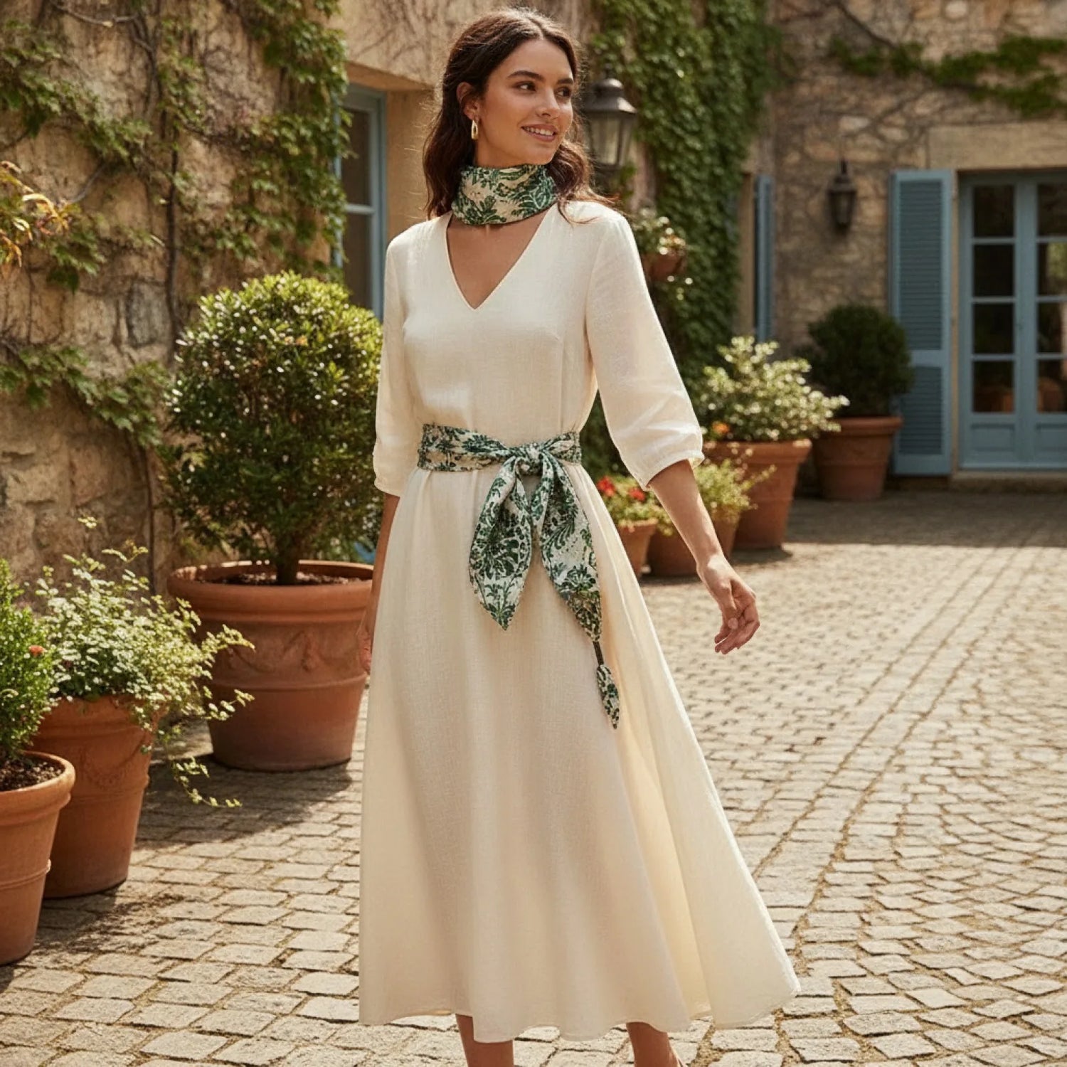 Foulard Carré Soie Ananas Floral Vert Rétro
