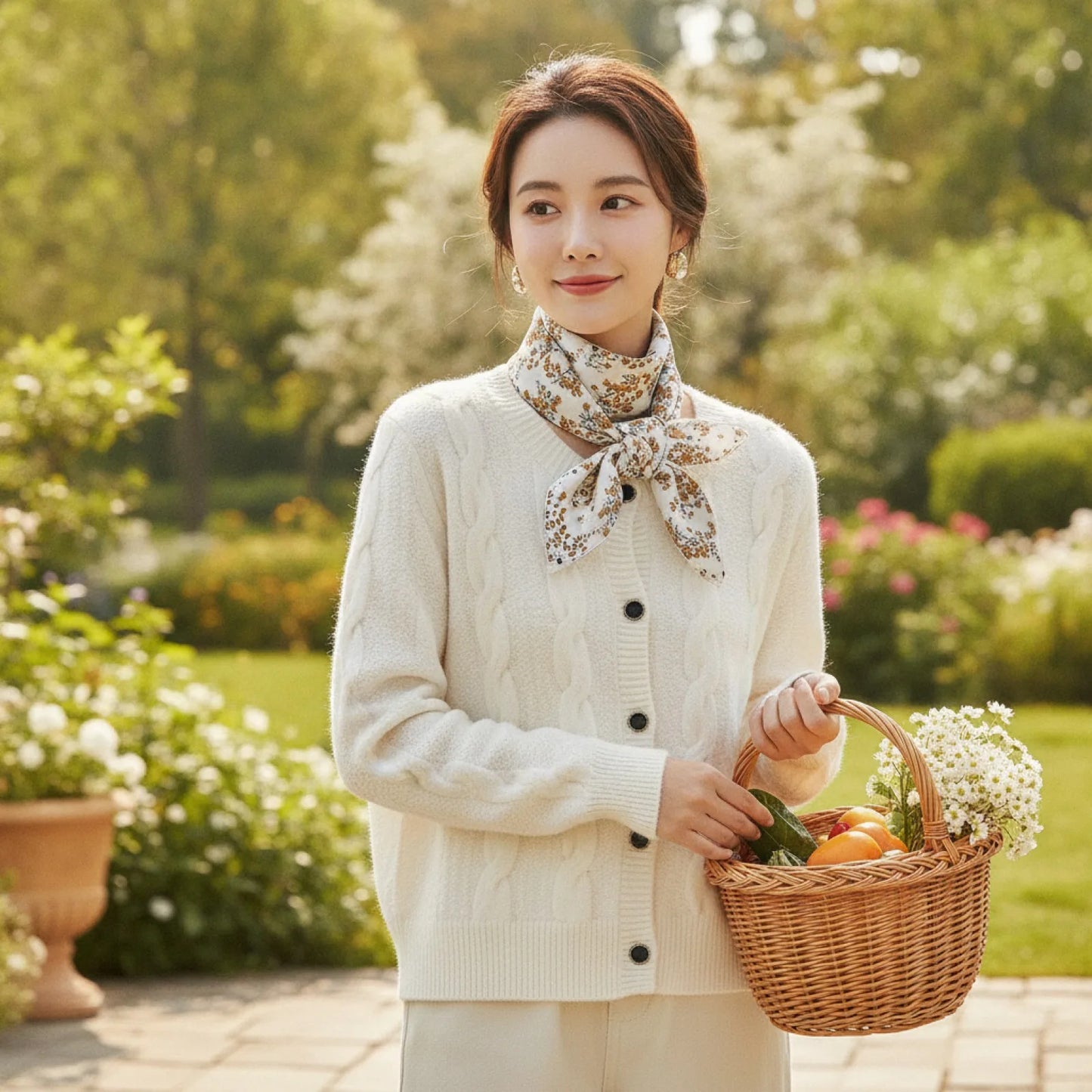 Foulard Carré Soie Bohème Imprimé Floral Brun