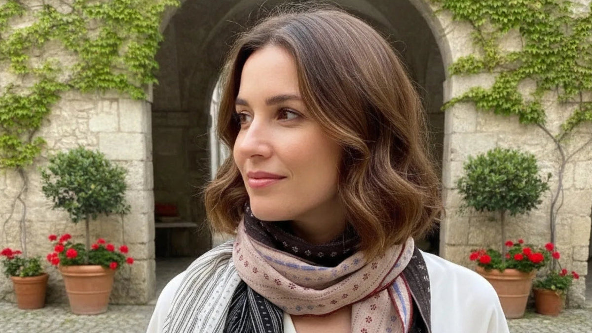 Femme portant un carré imprimé noué autour du cou