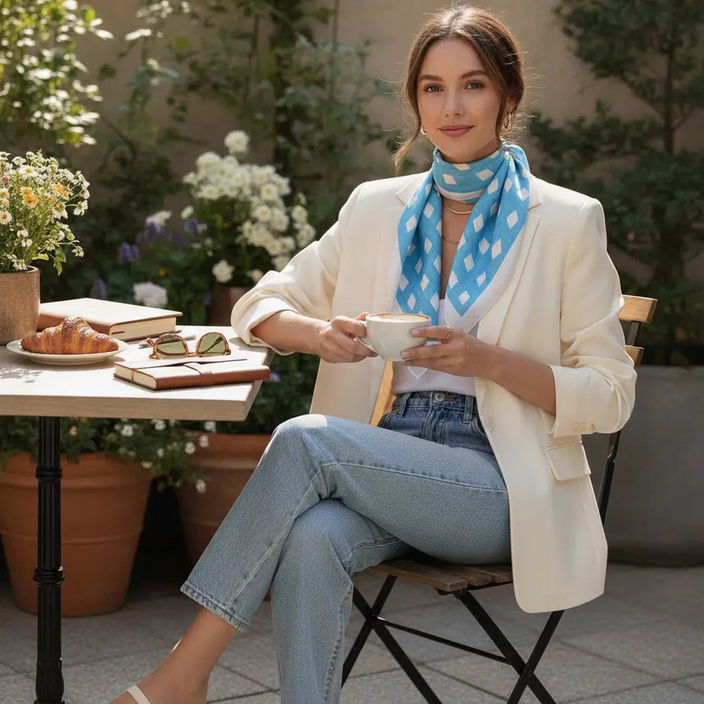 Foulard Carré Soie Bohème Bleu Imprimé Floral