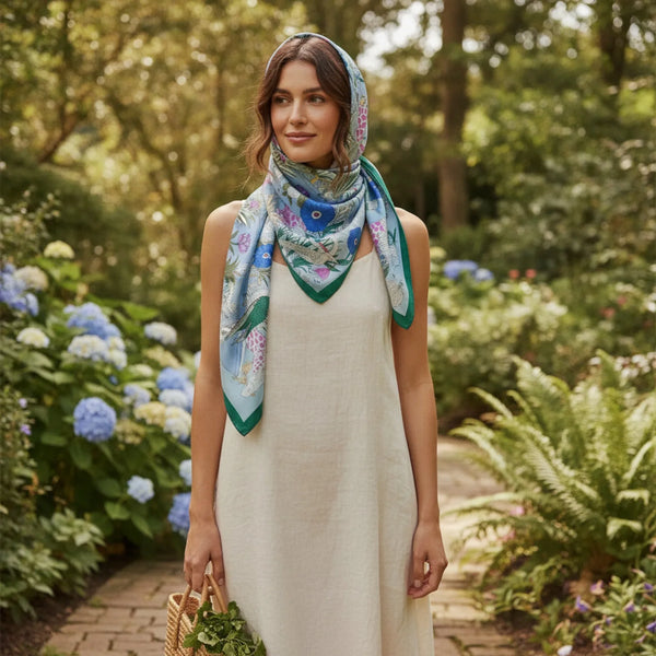 Foulard Soie & Cachemire Imprimé Bleu Luxe
