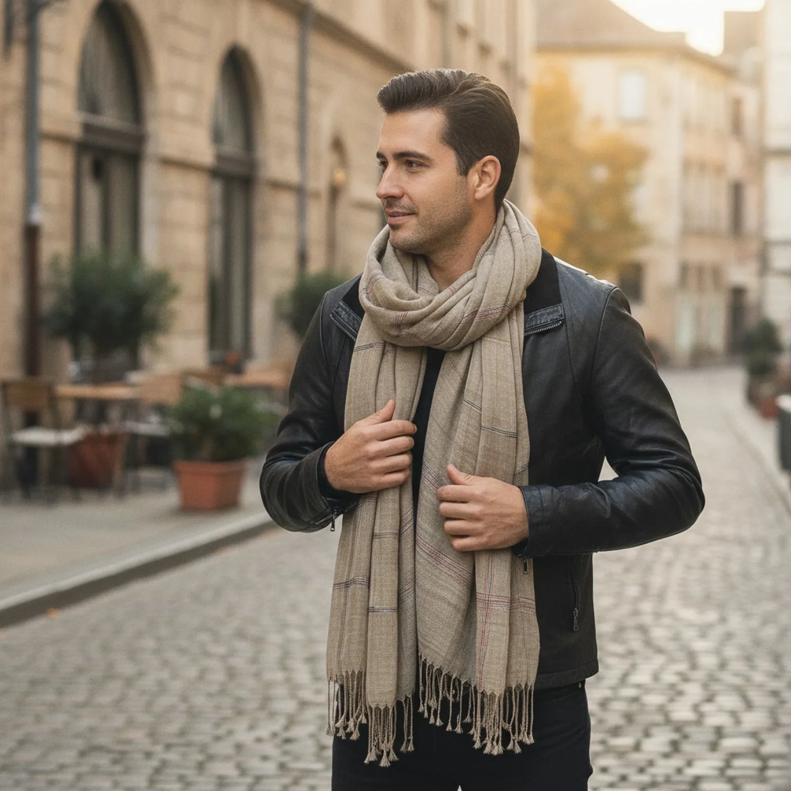 Foulard Coton Homme Rayée  avec Glands