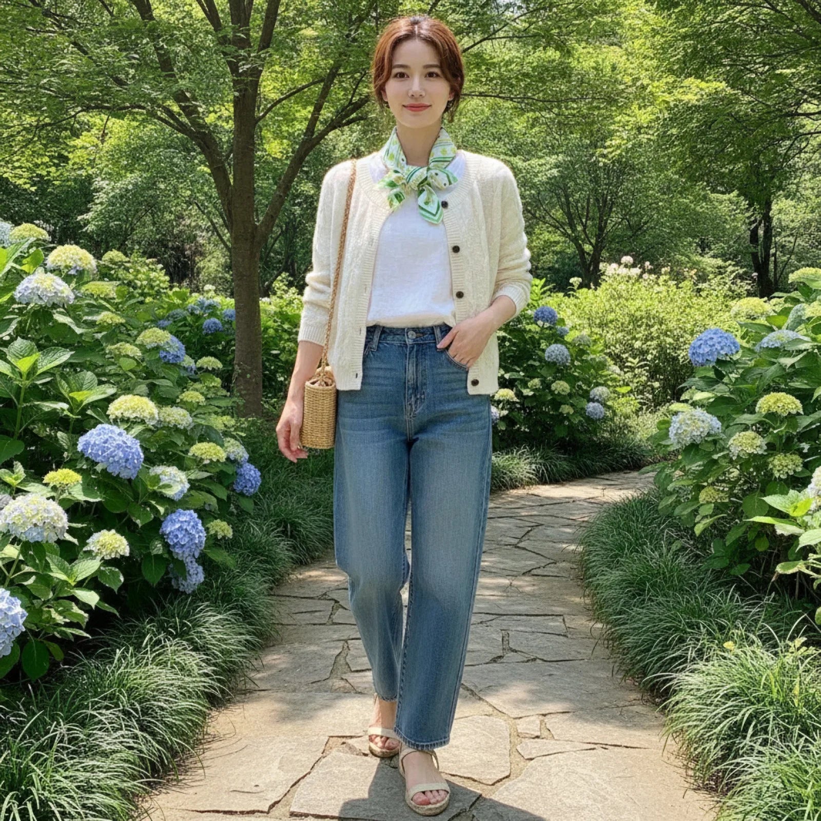 Foulard Carré Soie Imprimé Floral Vert Bohème