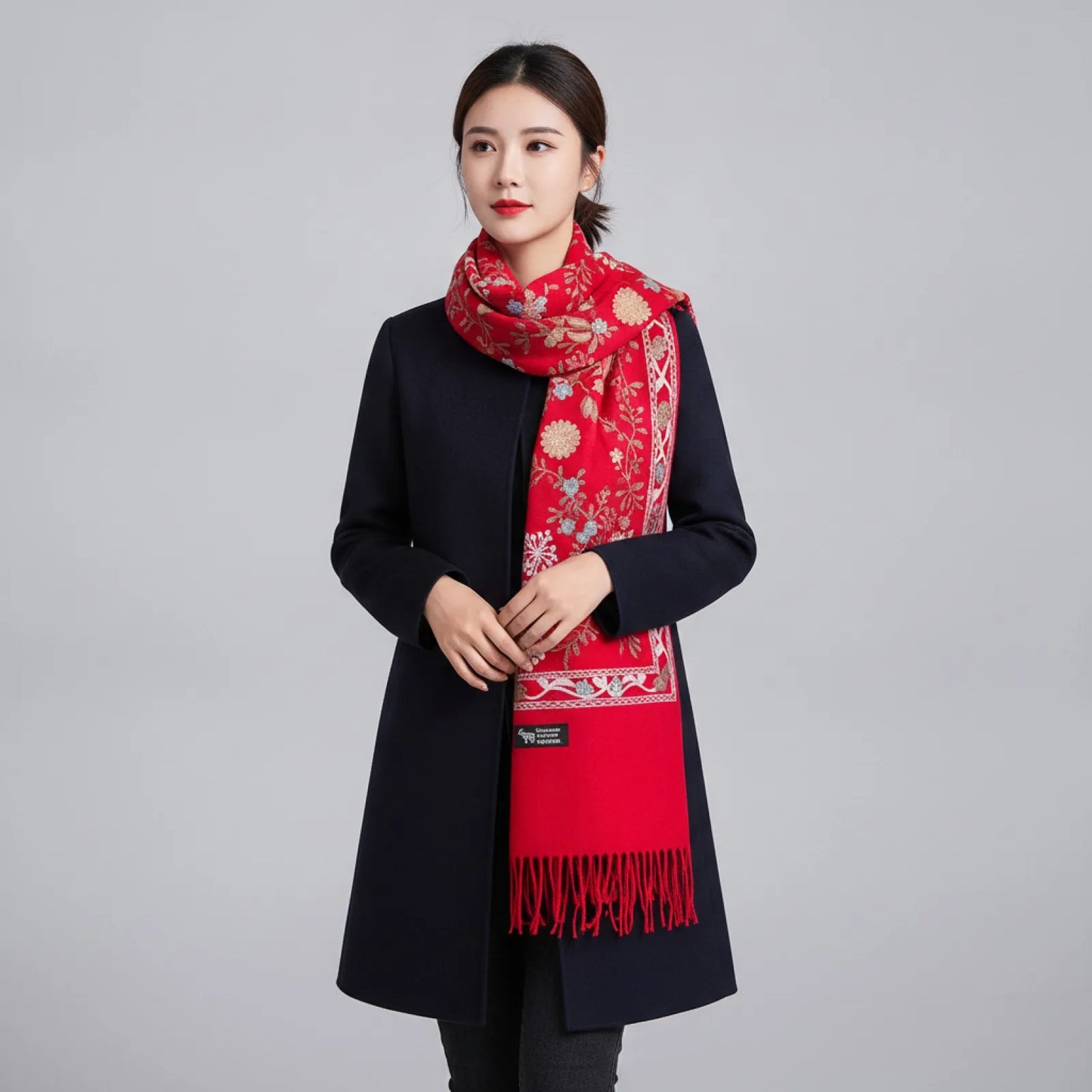 Foulard Cachemire Brodé Rouge