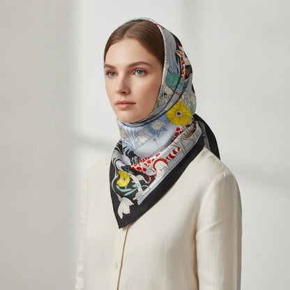 Foulard Triangle Soie & Cachemire Imprimé Luxe Noir