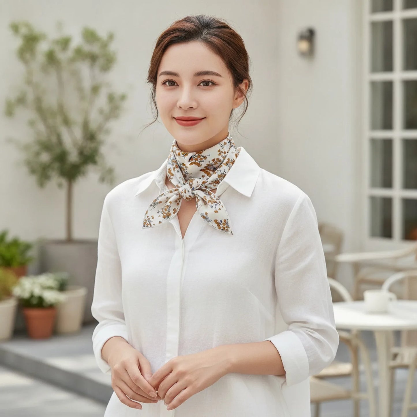 Foulard Carré Soie Bohème Imprimé Floral Brun